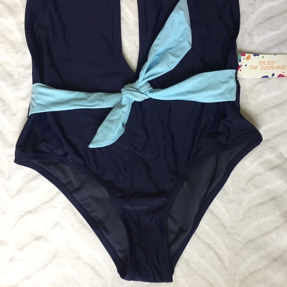 🛍 One-piece Navy Swimsuit Deep V Blue Tie - Picture 4 of 9